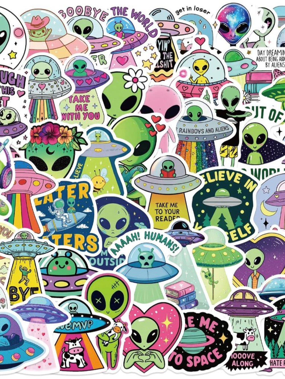 50Pcs Cartoon Alien Creature Stickers Pack,UFO Aesthetic Vinyl Sticker Decals fo